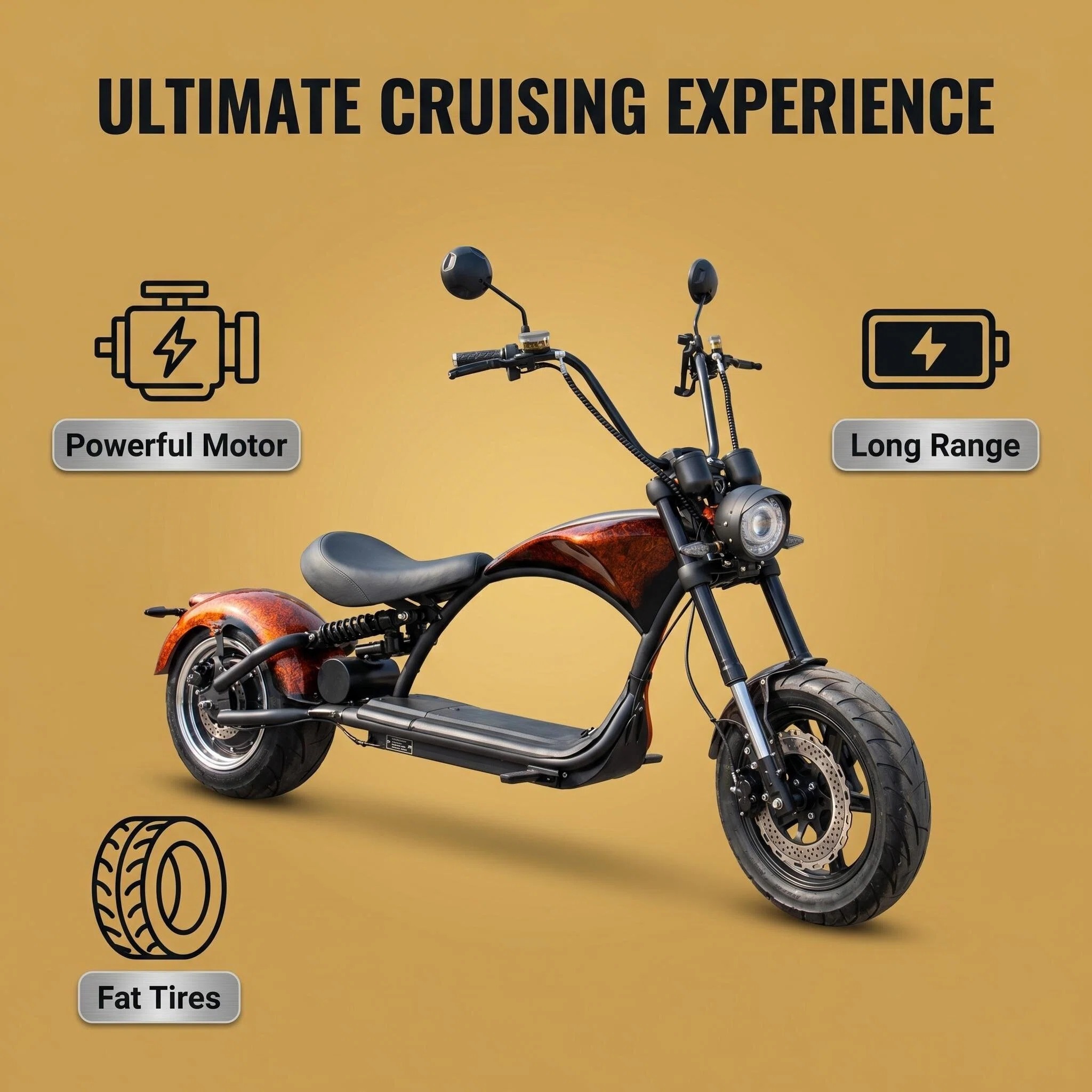 Electric Fat Tire Cruiser Motorcycle | Long Range Chopper Style E-Bike